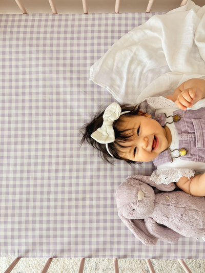 Waterproof cot sheet - Purple Gingham