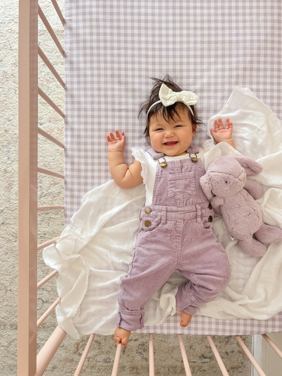 Waterproof cot sheet - Purple Gingham